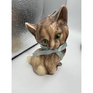 Vintage Ceramic Cat Candle Figurine Green Eyes Bow Ribbon Kitschy Decor